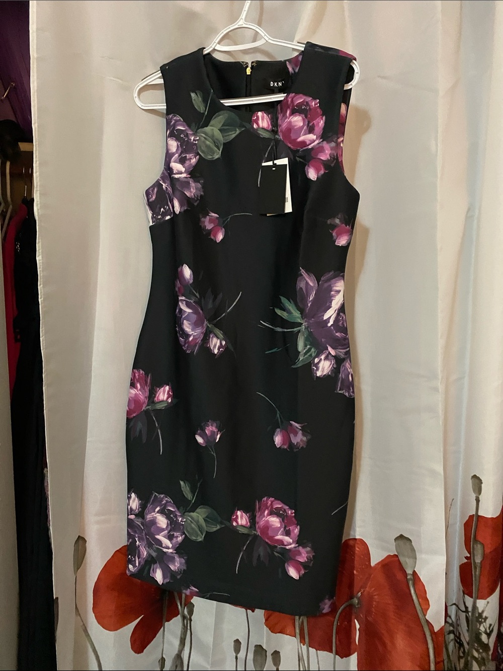 DKNY Black Sheath Dress with Purple Floral Print